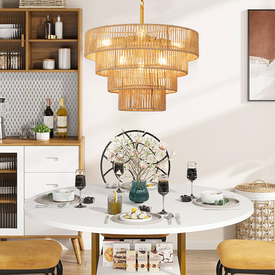 6-Light Brass Tiered Rattan Chandelier